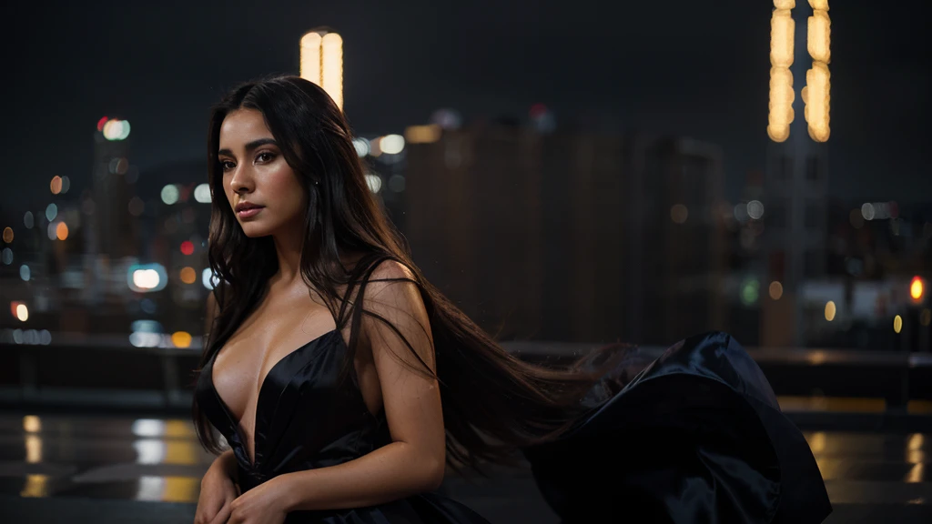 Photorealistic portrait of a beautiful Colombian model, 25 years old, with long dark hair, wearing a silk evening dress, shot against the backdrop of blurry city lights on a rainy evening, adding a romantic atmosphere and drama.
