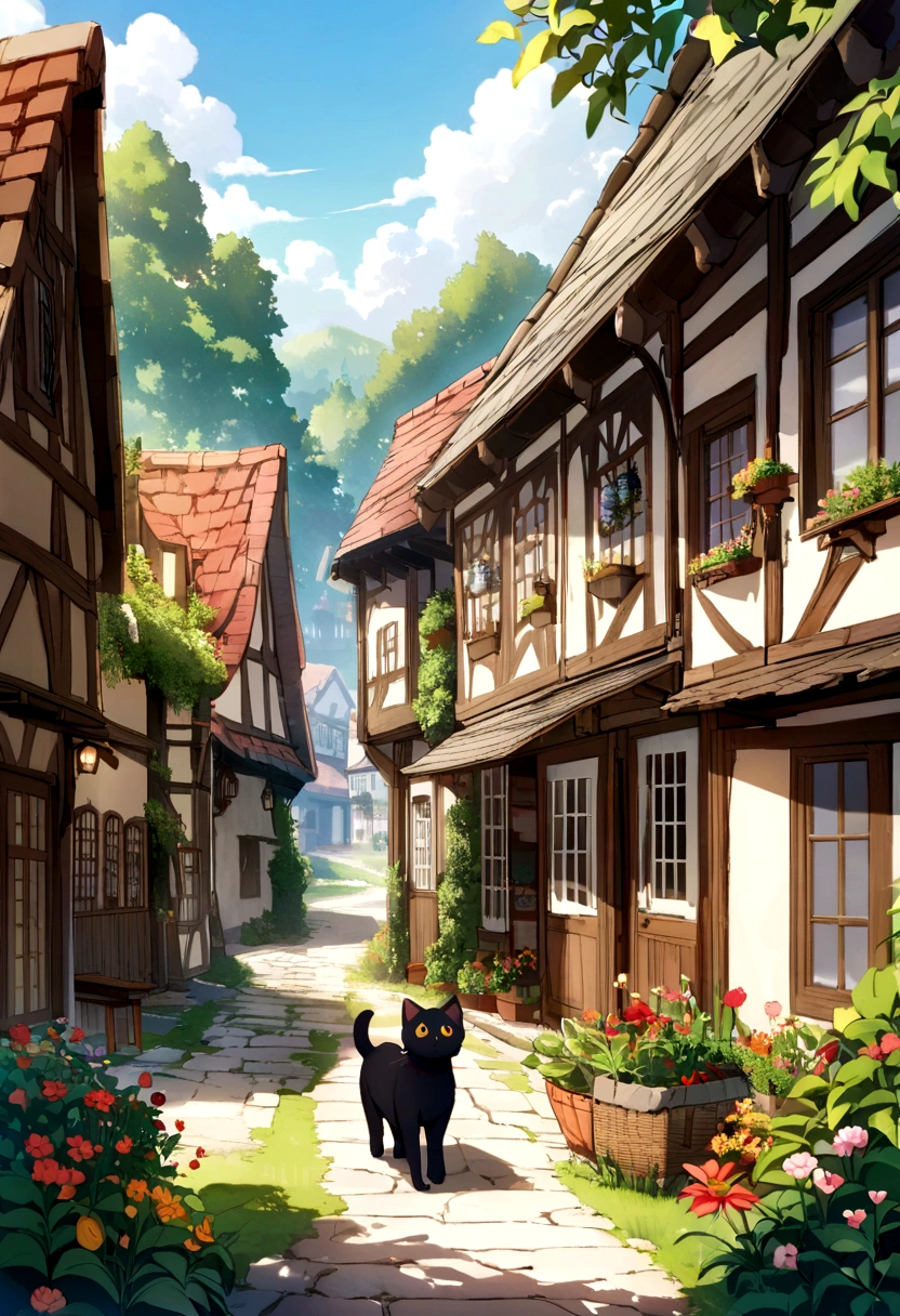 Image of a small black cat named Luna in a peaceful, quiet village. The village has old, charming houses and lush greenery.