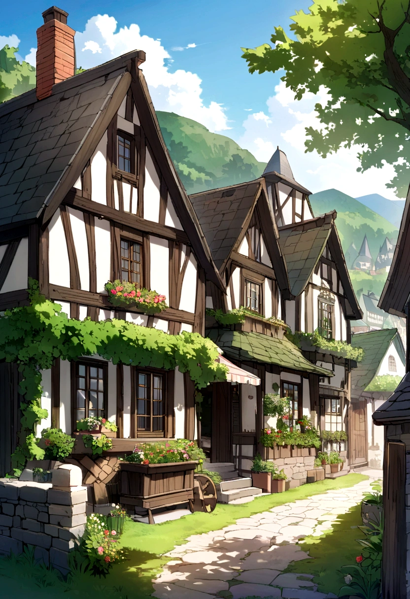 Image of a small black cat named Luna in a peaceful, quiet village. The village has old, charming houses and lush greenery.