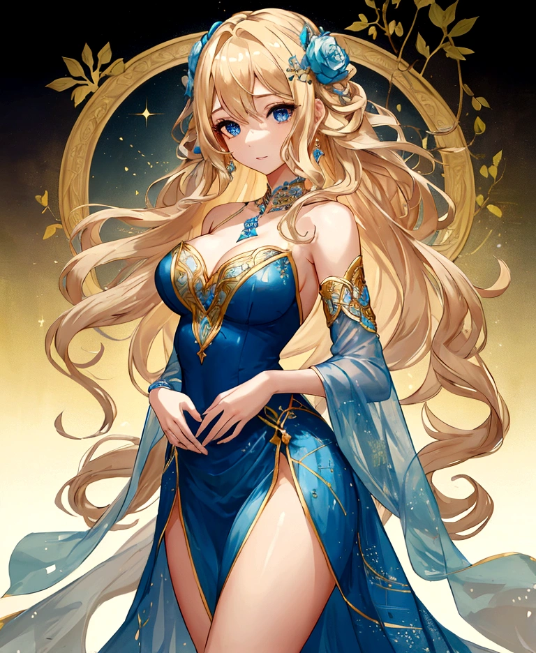 a young woman with long, flowing blonde hair that cascades down her back in gentle waves. Her hair is styled with a few loose strands framing her face. She has striking blue eyes that seem to sparkle with a sense of warmth and kindness.
The woman is wearing a blue dress that falls gracefully around her figure. The dress is adorned with intricate patterns and delicate embroidery, adding a touch of sophistication to her appearance. Around her neck, she wears a matching blue necklace that complements the dress beautifully.
Her posture is upright and poised, exuding a sense of confidence and grace. The background of the image is a soft blur, emphasizing the focus on the woman and her attire.