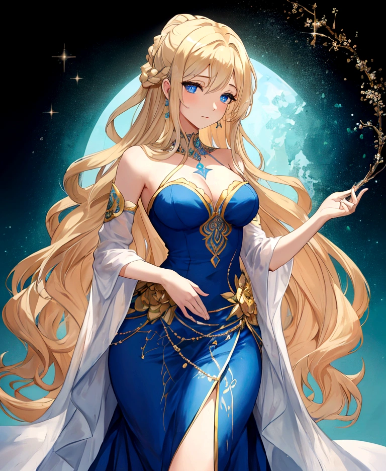 a young woman with long, flowing blonde hair that cascades down her back in gentle waves. Her hair is styled with a few loose strands framing her face. She has striking blue eyes that seem to sparkle with a sense of warmth and kindness.
The woman is wearing a blue dress that falls gracefully around her figure. The dress is adorned with intricate patterns and delicate embroidery, adding a touch of sophistication to her appearance. Around her neck, she wears a matching blue necklace that complements the dress beautifully.
Her posture is upright and poised, exuding a sense of confidence and grace. The background of the image is a soft blur, emphasizing the focus on the woman and her attire.