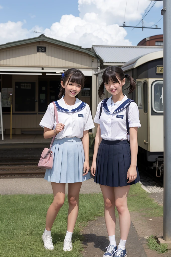 2 girls in rural railway station,Japanese train on far side,cumulonimbus cloud in summer sky,short-sleeved white shirt with sailor collar,navy blue pleated skirt,school bag,18-year-old,bangs,a little smile,thighs,knees,short hair with low pigtails bunches,from beside,front light