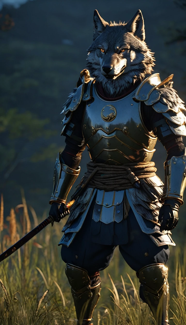 masterpiece, (Super detailed), (Animal anthropomorphism), Wolf, good looking, Japanese Armor,knife、 Dim lighting, cigarette, Shadow, Night grassland battlefield, Highest quality, Single Focus, (skimming: 1.1), Muscular man, whole body, Complex (High detail: 1.1) Unreal Engine.multiple、