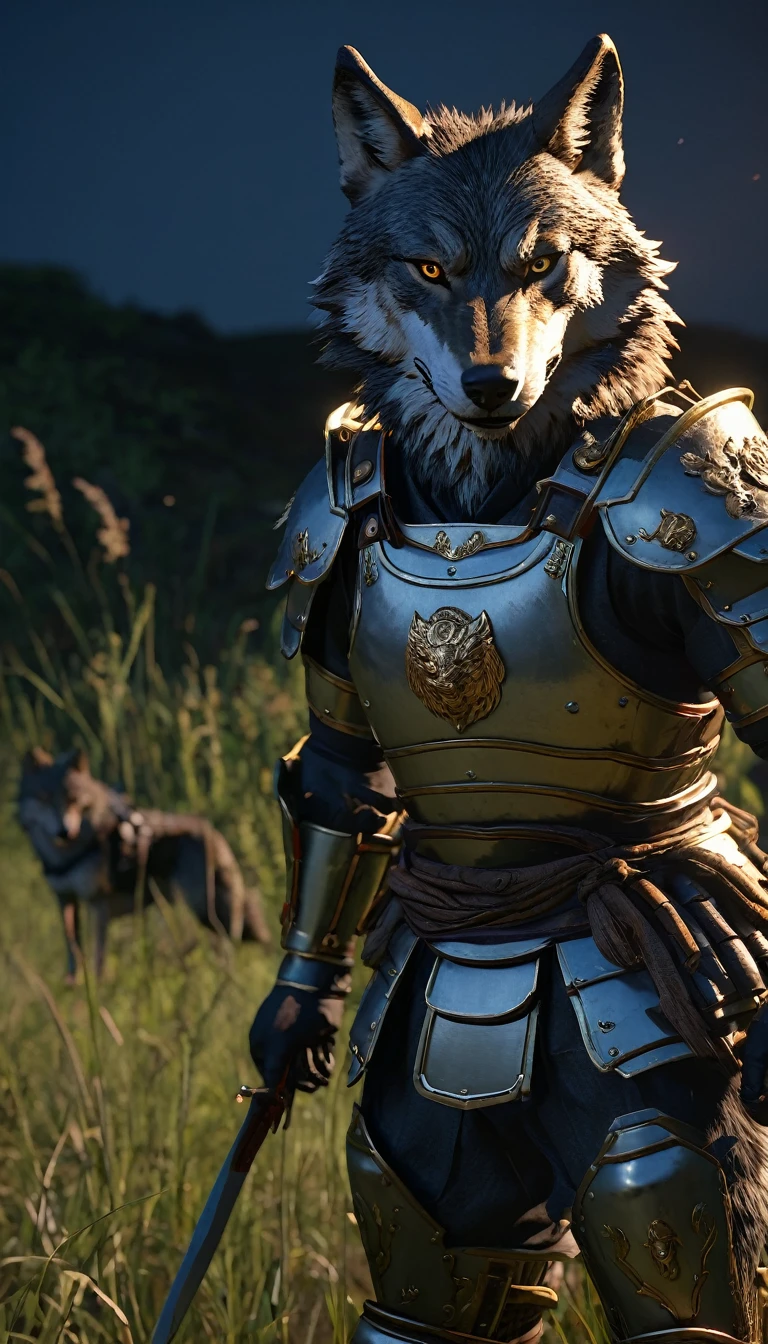 masterpiece, (Super detailed), (Animal anthropomorphism), Wolf, good looking, Japanese Armor,knife、 Dim lighting, cigarette, Shadow, Night grassland battlefield, Highest quality, Single Focus, (skimming: 1.1), Muscular man, whole body, Complex (High detail: 1.1) Unreal Engine.multiple、