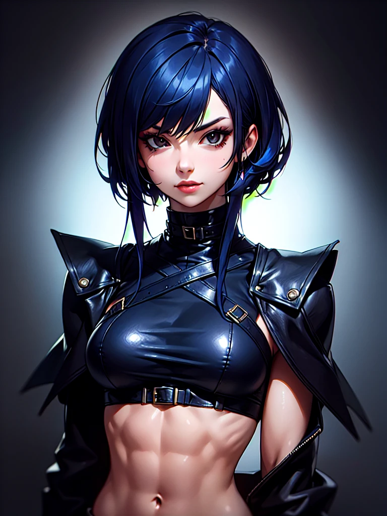 ((Portrait)), She has a Ruthless, Dark Blue Haired Appearance, with Sensual Charm and a Muscular Build. She Expresses a Proud and Smug Look, Giving Off a Self-Confident Attitude. She has Black Eyes, Her Hair is Short and Tousled, Dark Blue Gradient, with Strands Falling Around Her Face. She Wears an Oversized, Open Black Leather Coat, with a High-Neck Crop Top, Revealing Her Midriff. ((Portrait, HDR, Dark Background))