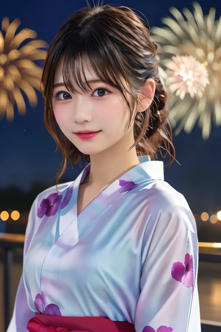 Highest quality, (beautiful)、yukata、night店、night、Fireworks、festival、Upper Body