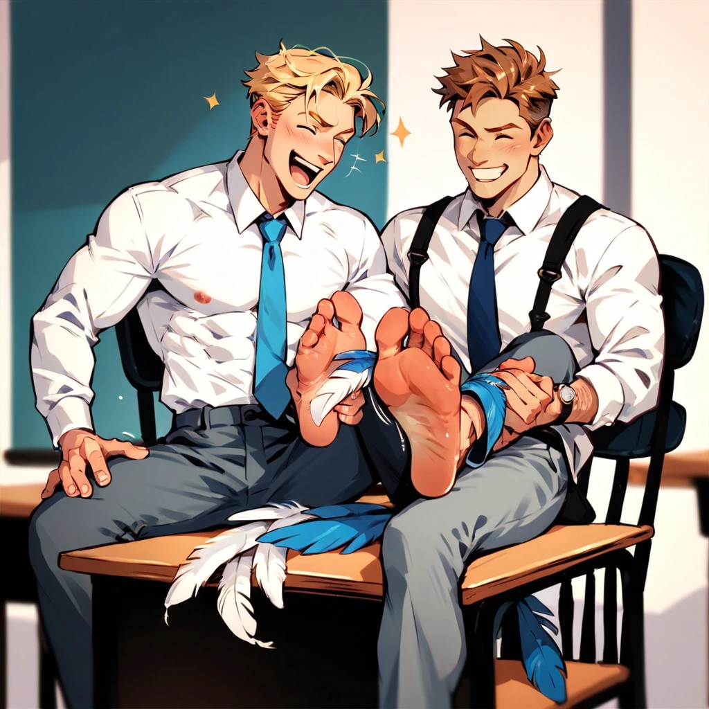 2 men, blonde, brown haired, handsome skinny men wearing white shirts and blue ties and grey pants laughing, sitting on chairs and feet on desk, feet tickling by feathers, toes tickled by feathers , office background 