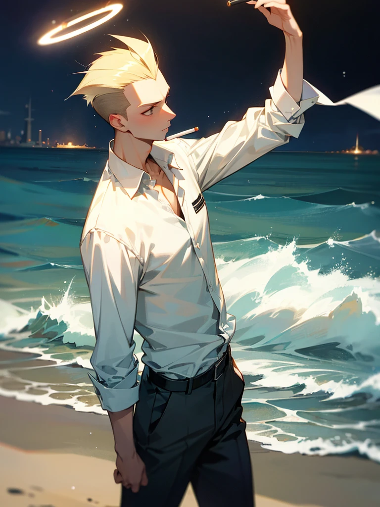 Blonde Mohawk, cigarette, sea, young man, halo, white shirt