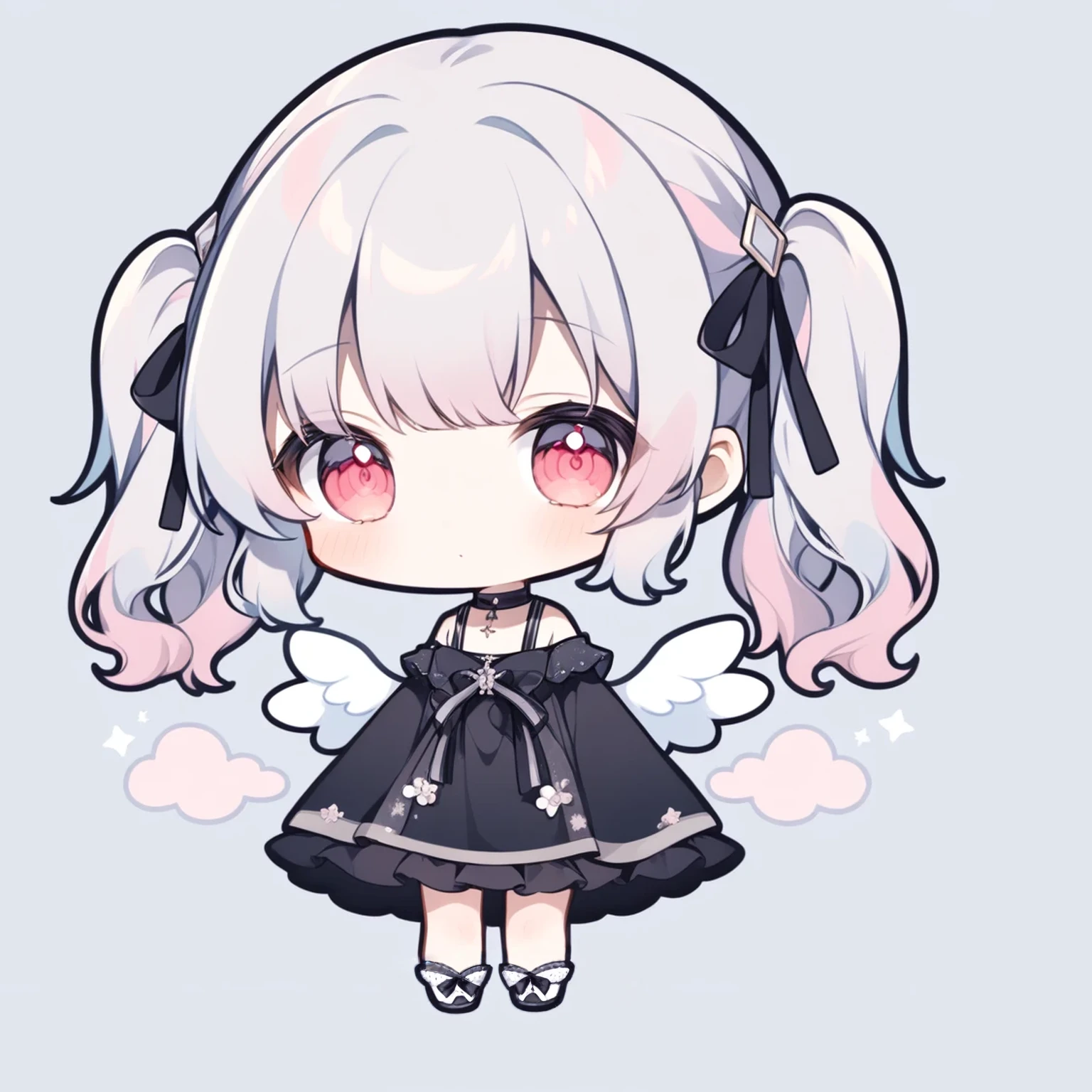 pastel colors, chibi, (little angel:1.5), 1girl, red eye, twin tails, silver hair, ahoge, black ribbon, black dress, smile