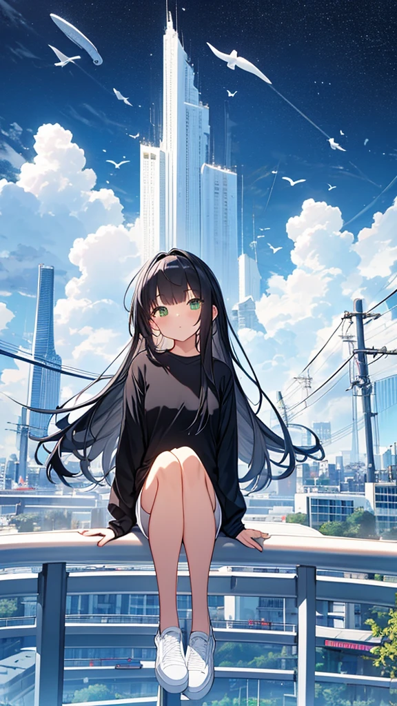 monochrome color、masterpiece, Exquisite detail,Highest quality, One girl, alone, handrail, cloud, Looking up at the buildings,Long Hair, NULL, Long sleeve, Power lines, White footwear, Black Hair, View your viewers, Electric pole, bangs, cloudy NULL, fish, bird, Green Eyes, Shorts, Day, Black Shirt, barefoot,Whale flying in the sky,Giant whale,night,star,milky way,night,Pitch black,Buildings,Sitting
