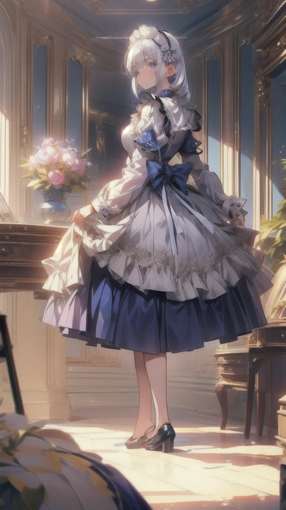 a girl with white hair, and blue eyes, detailed face, detailed eyes, maid outfit, maid dress, mansion in background, half body front view, extremely detailed,8k,highly detailed,masterpiece,