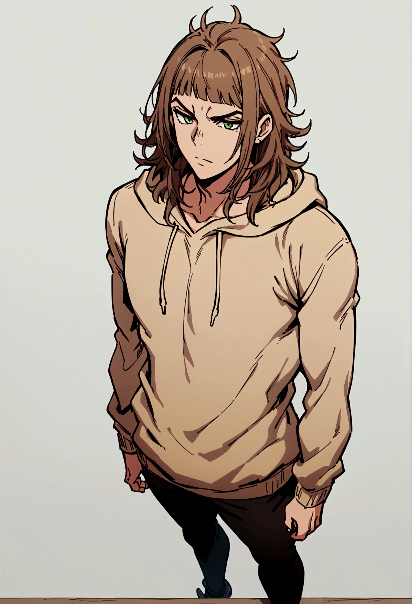 fullbody,masterpiece,standing,light brown hoodie,dark brown middle length unruly hair,green eyes,(bangs),adult,1boy,solo,light stuble,slight beard,slim,