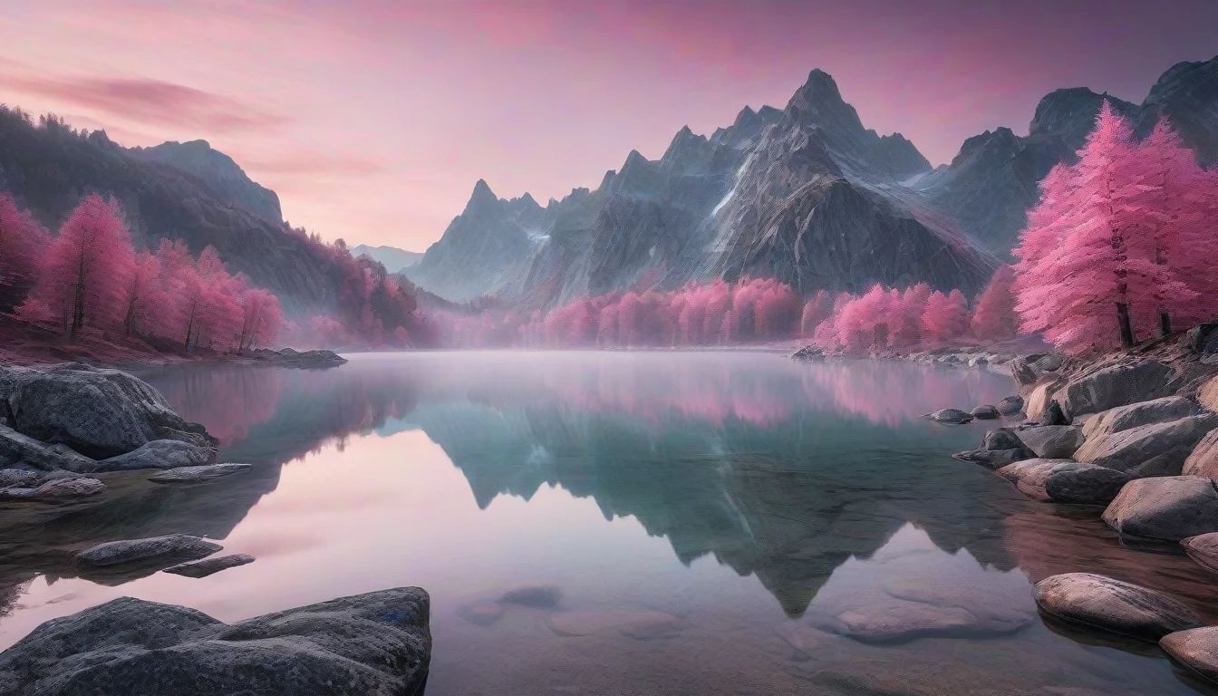 there is a lake with rocks and trees in the middle of it, by Sebastian Spreng, mystical setting, an amazing landscape image, by Franz Hegi, by Karl Walser, magical landscape, mystical lake, in a serene landscape, epic beautiful landscape, mountain, by Johannes Voss, by Adrian Zingg, serene landscape, pink reflections, by Wolfgang Zelmer