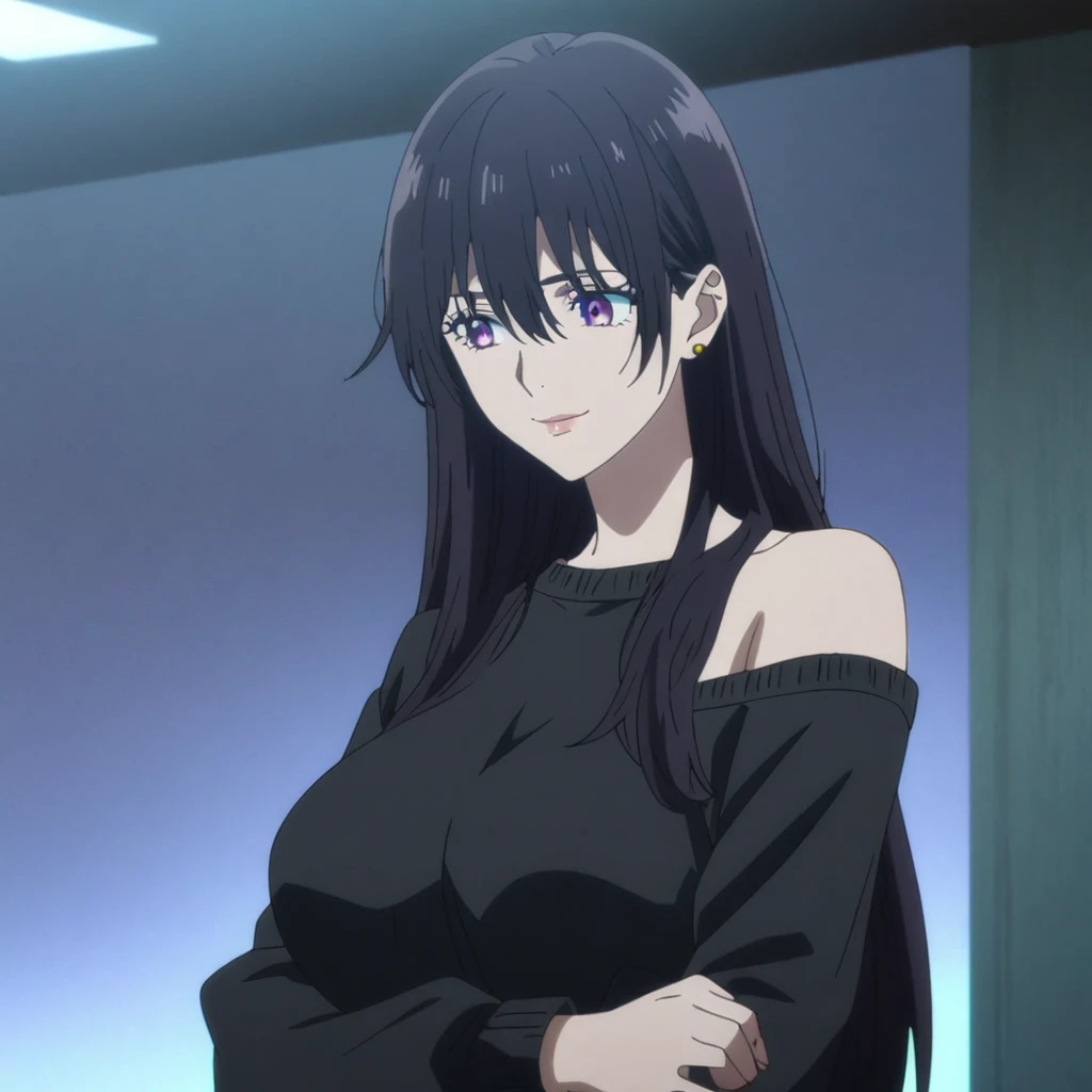 1girl, female gojo satoru, anime screencap from jujutsu kaisen, gojo satoru female version, solo, long_hair, purple eyes (black_hair)), night view, (hanging breasts) upper_body, smile, indoors, book, purple_eyes, lips, ((wearing black colour sweater, bare shoulder)) breast, "very detailed and high resolution" (purple eyes) (cross arms) ((long hair, hair between eyes)) ((solo)) (front view) (earings) ((high resolution)) ((good quality)) ((side bangs))
