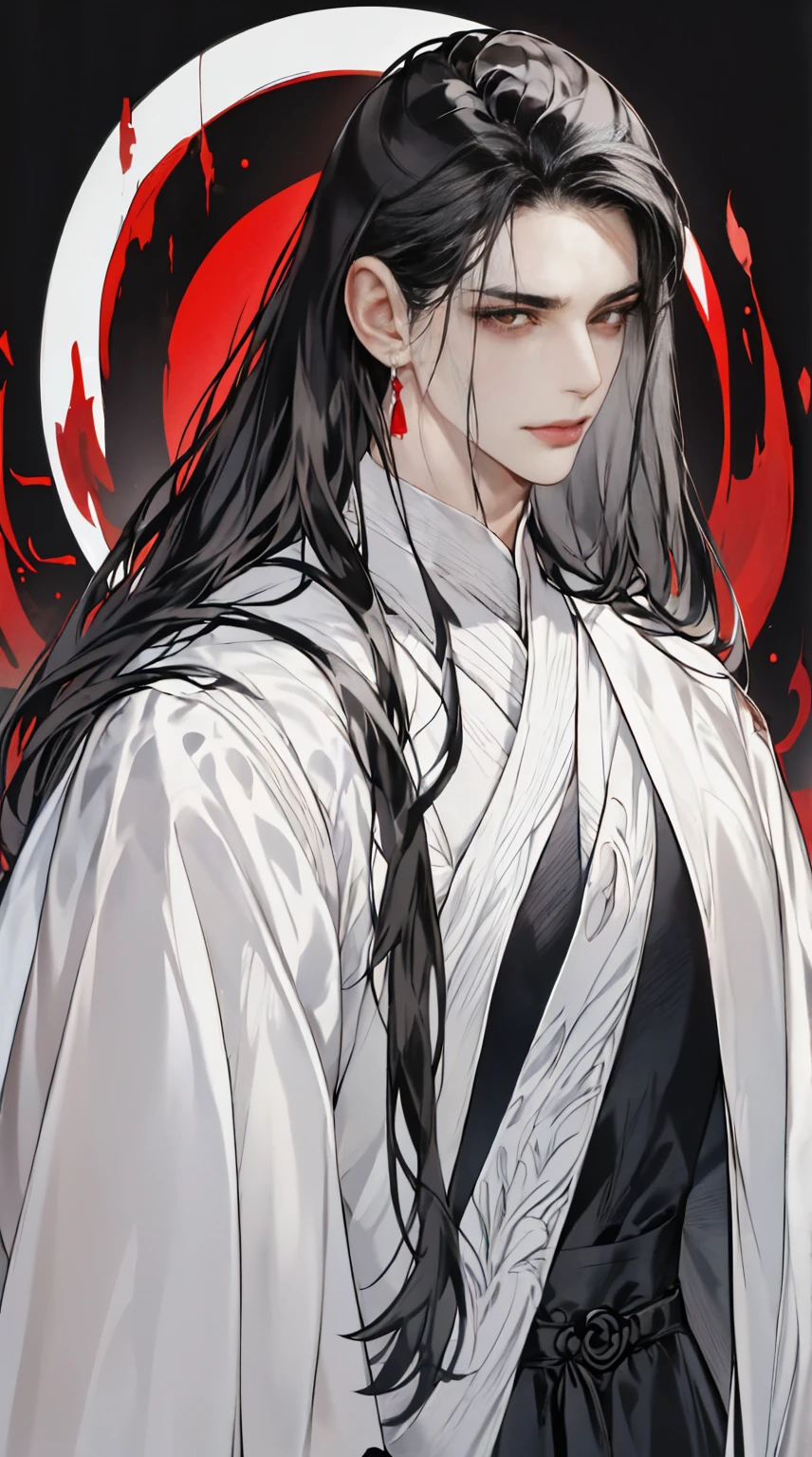 focus face, delicated eyes, masterpiece, best quality, realistic, 1man, male focus, male model, pretty and handsome, closed mouth, white robe, portrait, extremely detailed face, long black hair, hair claw up, flying bangs, dark red eyes, grey background, simple background, SIDE VIEW, looking at the viewers.