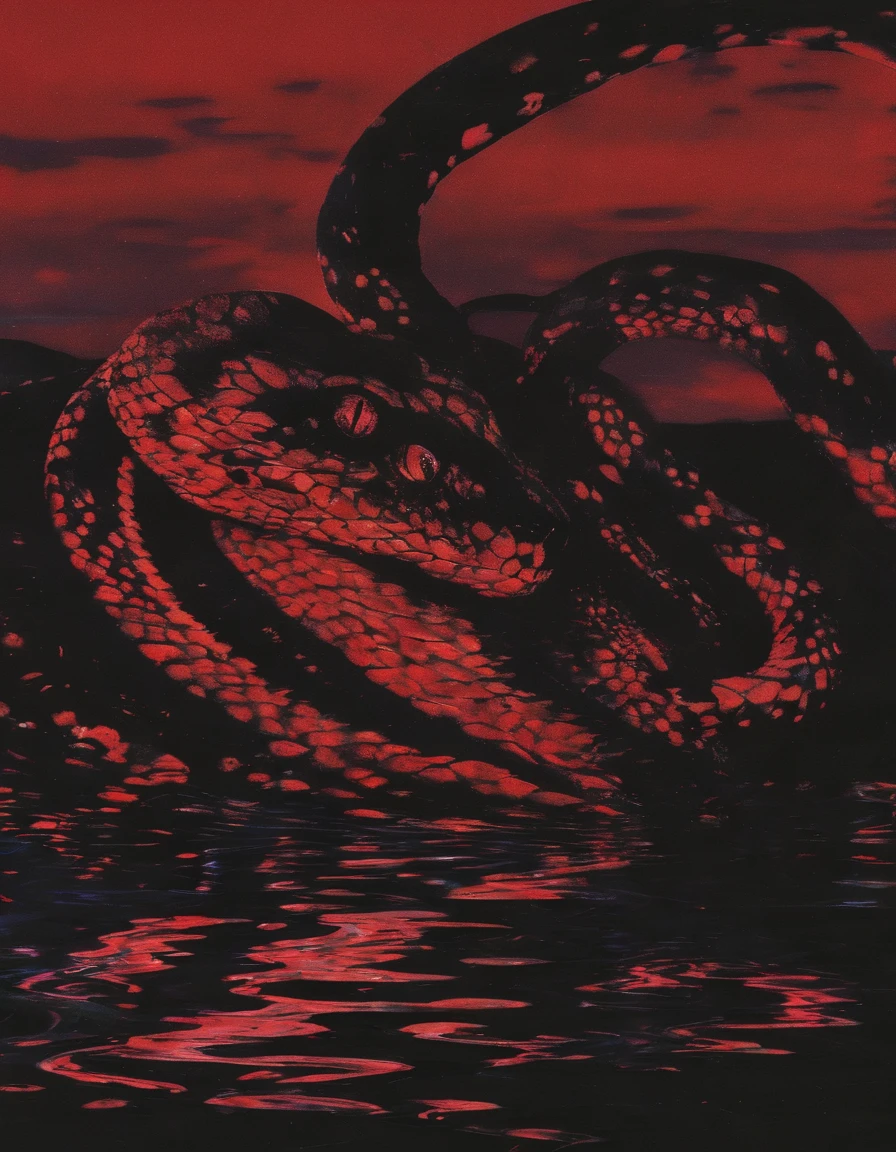 snakes in water, red sunset background