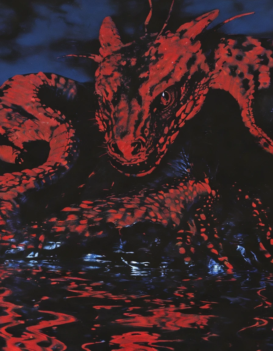 snakes in water, red sunset background