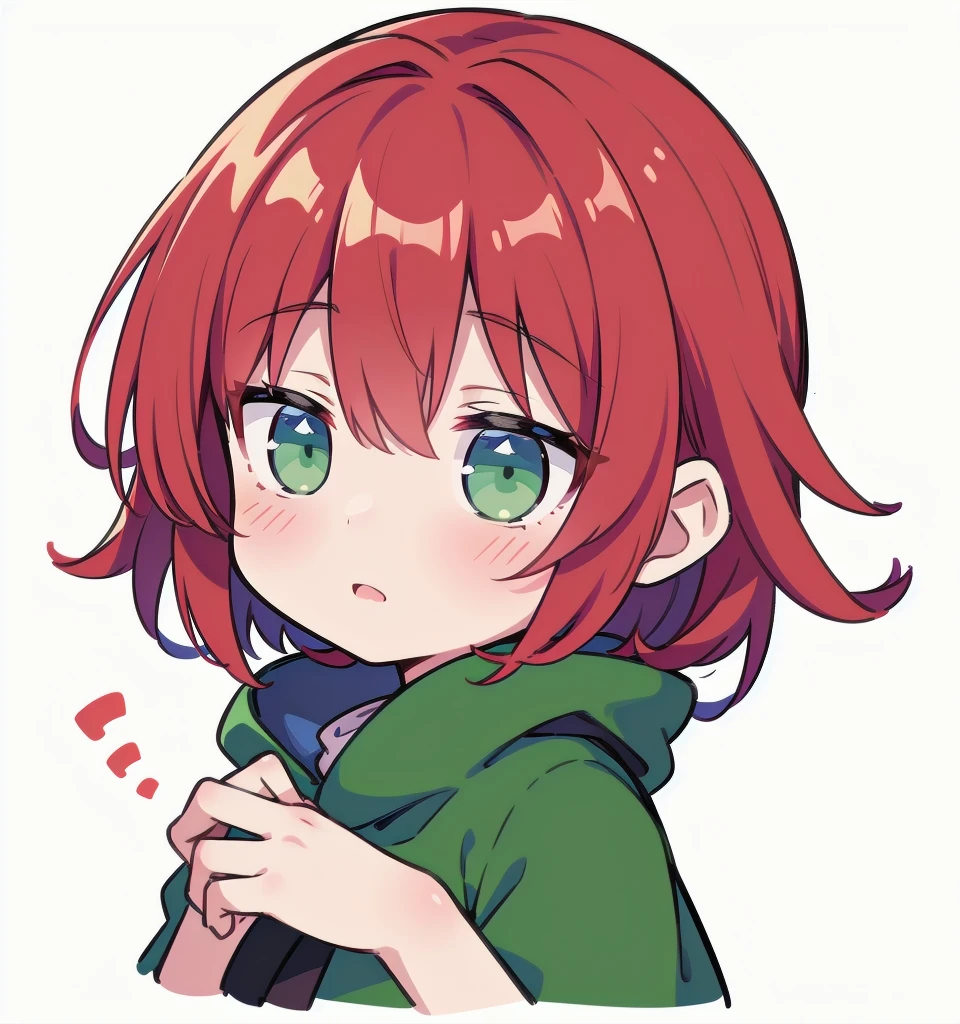 超A high resolution,(best quality,highres,masterpiece:1.2),1girl, red hair, blue cloak, green clothe, green eyes, warm color tones, simple background, emoji, surprised, exclamation