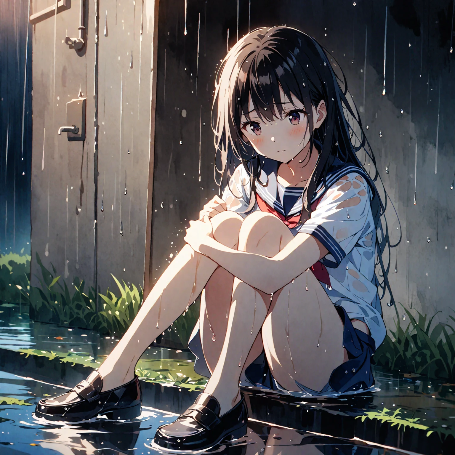 1girl、Black Hair、Sailor suit、Wet clothes、Wet Hair、Grass、heavy rain、evening、Reflection on the water、puddle、(watercolor painting:1.3)、deep faint light 、 detailed CG、high resolution