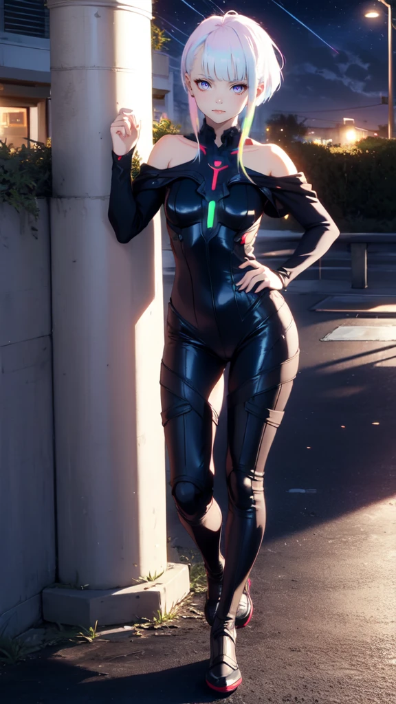 Masterpiece, best quality, 16k resolution, NVIDIA RTX Ray Tracing technology, Create a 4K resolution, ultra-realistic, and extremely detailed artwork, award winning, retina, soft light, sharp focus.(hyper-realistic:1.4),  (full body:1.5), (Night, night time:1.4), from above

cyberpunklucy, lucy, short hair, bangs, blue eyes, blue hair, multicolored hair, makeup, (multicolored eyes:1.3), smile, model pose, modeling

BREAK bare hips, bodysuit, leotard, monowire, off shoulder, off-shoulder open clothes, MIDRIFF

BREAK outdoors, city, moon, night, sky, clouds,

sexy, Sexy, smooth perfect skin, smooth_skin

Beautiful、(red blush)、Sexy

FULL BODY SHOT, ultra wide angle, textured skin, face detail, clean skin, perfect hands, perfect ???????, anatomically correct,

(Realistic park:1.3)