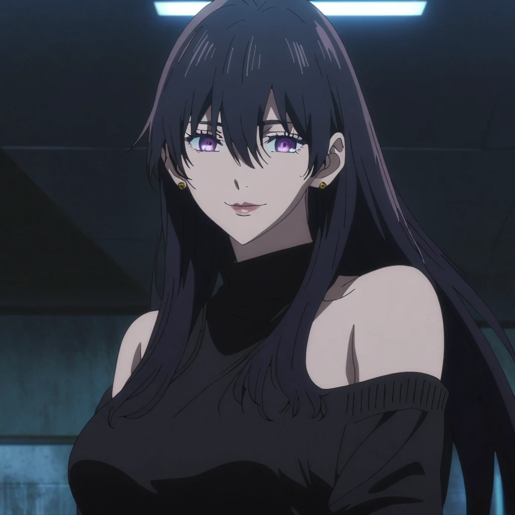 1girl, female gojo satoru, anime screencap from jujutsu kaisen, gojo satoru female version, solo, long_hair, purple eyes (black_hair)), night view, (hanging breasts) upper_body, smile, indoors, book, purple_eyes, lips, ((wearing black colour sweater, bare shoulder)) breast, "very detailed and high resolution" (purple eyes) (cross arms)  ((long hair, hair between eyes)) ((solo)) (front view) (earings) ((high resolution)) ((good quality)) 