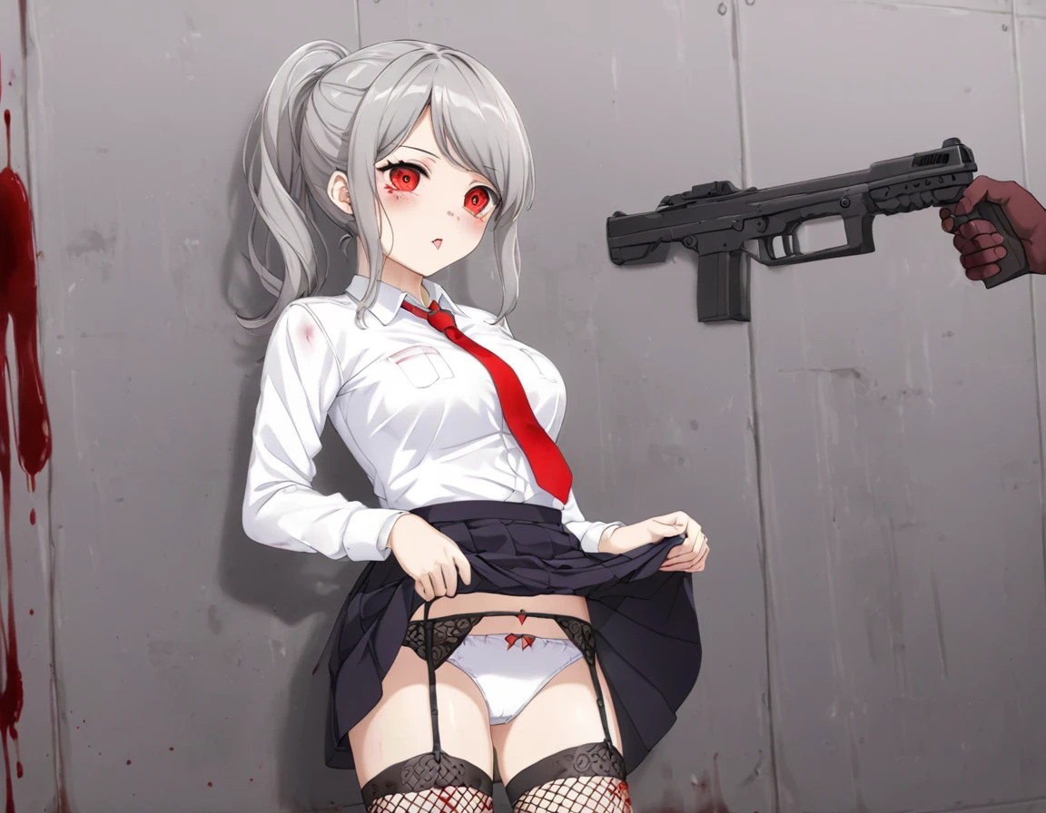 Girl shooting two guns、A girl covered in blood after being splashed with blood. She lifts her skirt with both hands.、Showing off cute white underwear.、Black garter belt、Black rough fishnet stockings、Plain white shirt with red tie、Plain white shirt covered in blood、Standing posture、Bloody Abandoned Factory