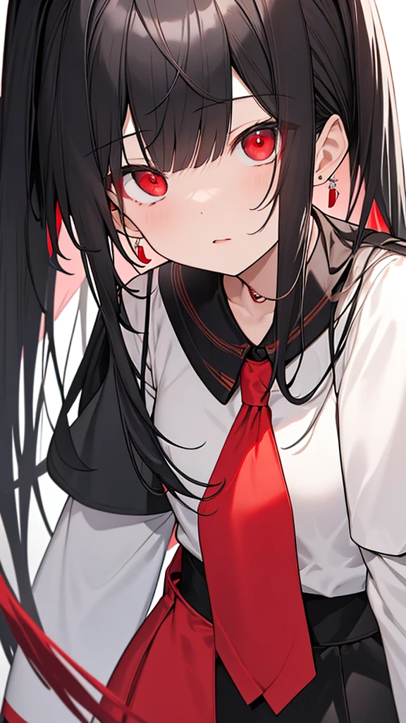 monochrome color, Red Art, grayscales、masterpiece、top-quality、Top image quality、straight haired、Hanging eyes、kawaii、A darK-haired、red eyes、Uniforms、the wind、