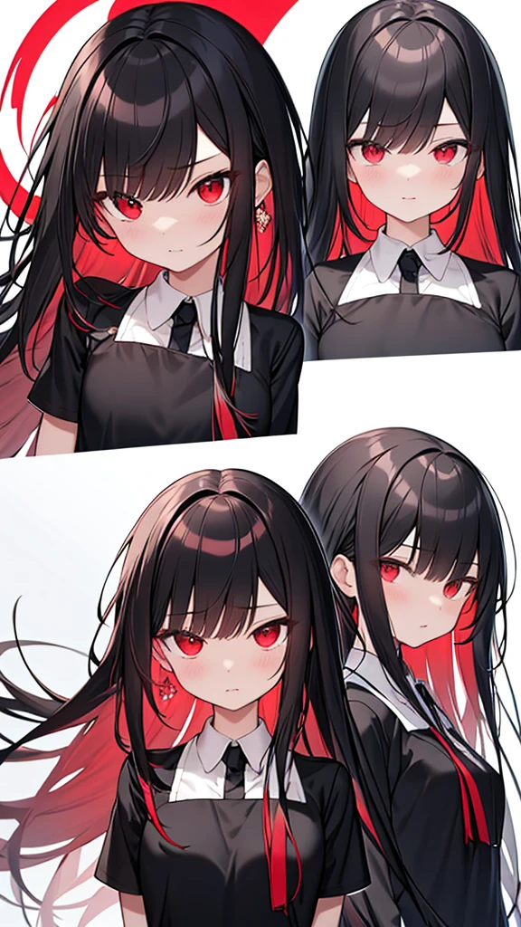 monochrome color, Red Art, grayscales、masterpiece、top-quality、Top image quality、straight haired、Hanging eyes、kawaii、A darK-haired、red eyes、Uniforms、the wind、