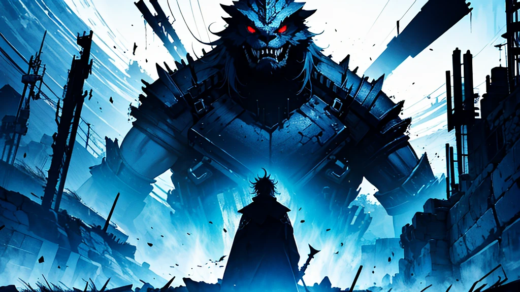 A heroic anime character stands tall and defiant, facing a colossal monster in a dramatic showdown. The perspective is from behind the character, capturing the scene from their viewpoint as they look up at the towering beast. The character is clad in detailed, shining golden armor, holding a sword in each hand. Surround the character with a prominent Ultra Instinct aura, characterized by a silvery-gray light with vibrant white and blue highlights, creating a radiant and powerful glow that distinctly emanates from the character's entire body, including the armor and swords. The monster is massive and intimidating, with sharp claws, fangs, and a menacing presence. The background is a desolate landscape, with a moody, ominous sky, adding to the tension of the imminent battle. Render this scene in 8K resolution, aiming for a masterpiece level of detail and quality.