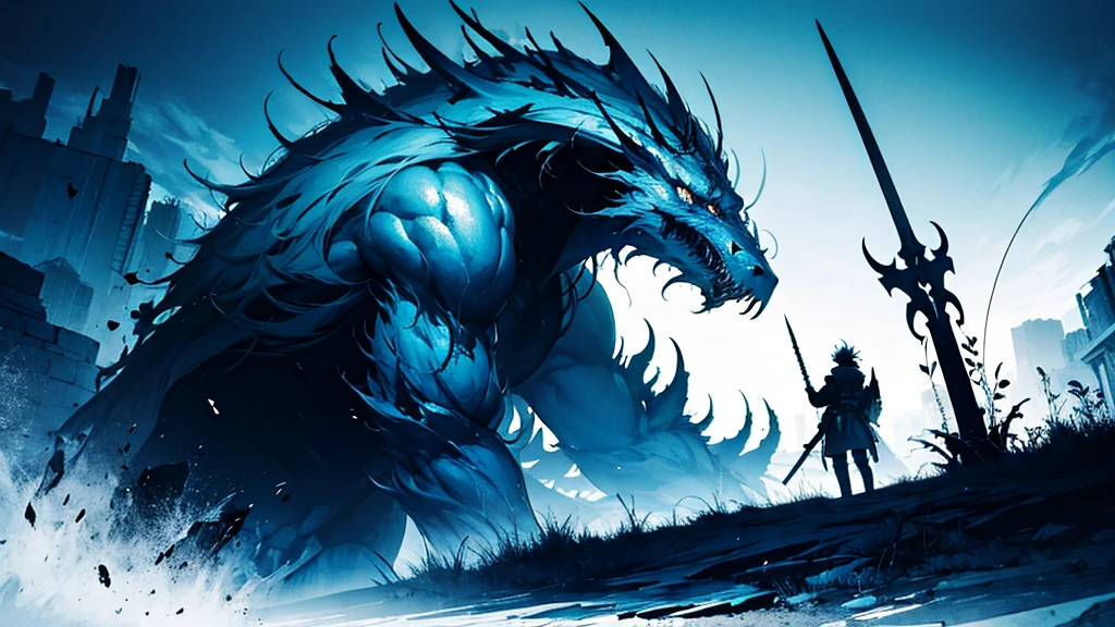 A heroic anime character stands tall and defiant, facing a colossal monster in a dramatic showdown. The perspective is from behind the character, capturing the scene from their viewpoint as they look up at the towering beast. The character is clad in detailed, shining golden armor, holding a sword in each hand. Surround the character with a prominent Ultra Instinct aura, characterized by a silvery-gray light with vibrant white and blue highlights, creating a radiant and powerful glow that distinctly emanates from the character's entire body, including the armor and swords. The monster is massive and intimidating, with sharp claws, fangs, and a menacing presence. The background is a desolate landscape, with a moody, ominous sky, adding to the tension of the imminent battle. Render this scene in 8K resolution, aiming for a masterpiece level of detail and quality.