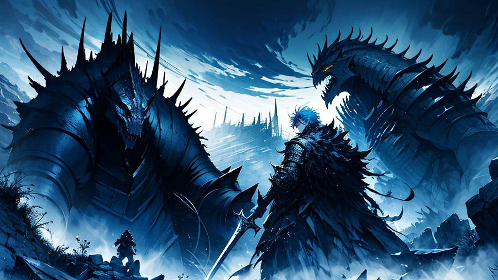 A heroic anime character stands tall and defiant, facing a colossal monster in a dramatic showdown. The perspective is from behind the character, capturing the scene from their viewpoint as they look up at the towering beast. The character is clad in detailed, shining golden armor, holding a sword in each hand. Surround the character with a prominent Ultra Instinct aura, characterized by a silvery-gray light with vibrant white and blue highlights, creating a radiant and powerful glow that distinctly emanates from the character's entire body, including the armor and swords. The monster is massive and intimidating, with sharp claws, fangs, and a menacing presence. The background is a desolate landscape, with a moody, ominous sky, adding to the tension of the imminent battle. Render this scene in 8K resolution, aiming for a masterpiece level of detail and quality.