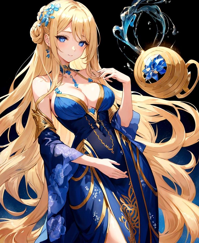 a young woman with long, flowing blonde hair that cascades down her back in gentle waves. Her hair is styled with a few loose strands framing her face. She has striking blue eyes that seem to sparkle with a sense of warmth and kindness.

The woman is wearing a blue dress that falls gracefully around her figure. The dress is adorned with intricate patterns and delicate embroidery, adding a touch of sophistication to her appearance. Around her neck, she wears a matching blue necklace that complements the dress beautifully.

Her posture is upright and poised, exuding a sense of confidence and grace. The background is full black, emphasizing the focus on the woman and her attire.