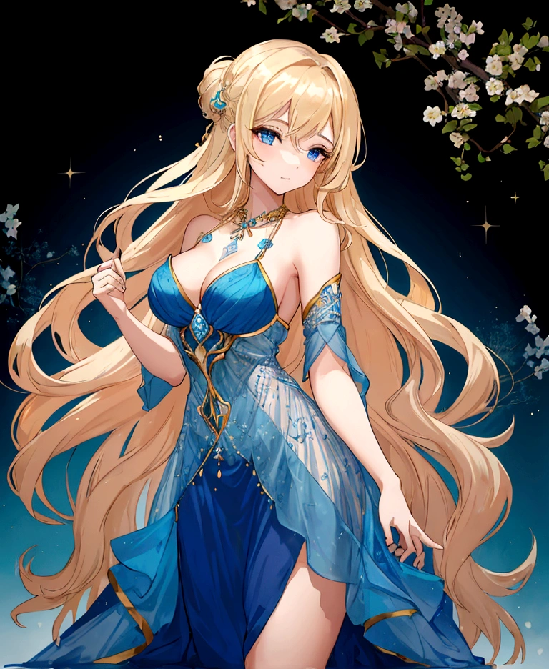 a young woman with long, flowing blonde hair that cascades down her back in gentle waves. Her hair is styled with a few loose strands framing her face. She has striking blue eyes that seem to sparkle with a sense of warmth and kindness.
The woman is wearing a blue dress that falls gracefully around her figure. The dress is adorned with intricate patterns and delicate embroidery, adding a touch of sophistication to her appearance. Around her neck, she wears a matching blue necklace that complements the dress beautifully.
Her posture is upright and poised, exuding a sense of confidence and grace. The background is full black, emphasizing the focus on the woman and her attire.
