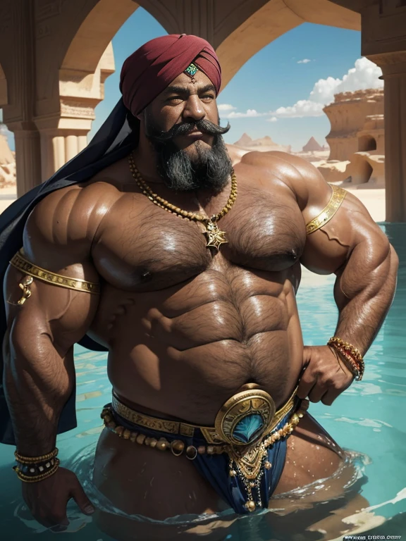 Hyperrealistic image of a Caliph Superhero with many jewels and bracelets with a naked torso very sweaty extremely old than 80 years old very muscular and fat over 200 kg African American with a naked torso large flabby pectorals with a huge turban decorated with jewels huge brown nipples hair very long gray hair and big gray mustaches with huge tattooed arms in an oasis in the Sahara desert inside a lagoon