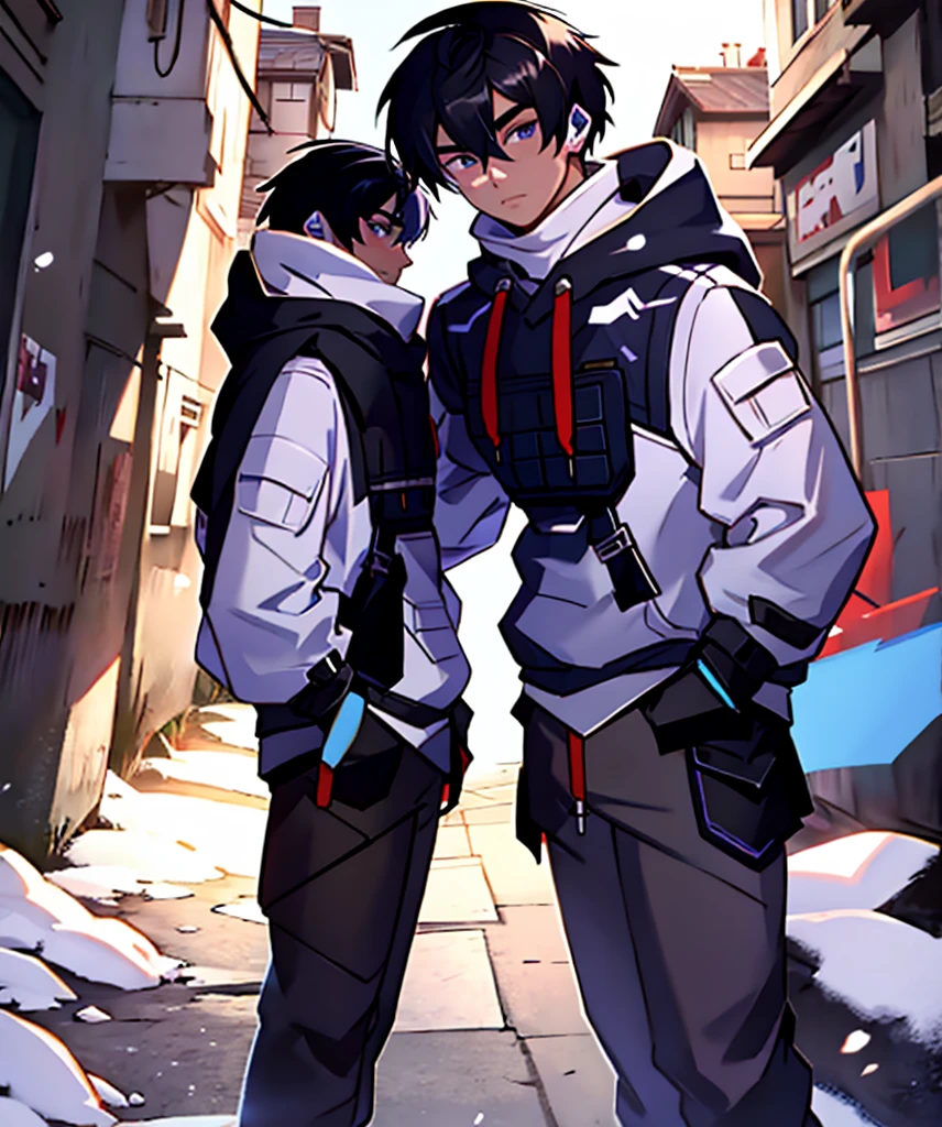 iso_valorant, standing, looking at viewer, jacket, hoodie, long pants, bandaid on face, short black hair, town, winter 