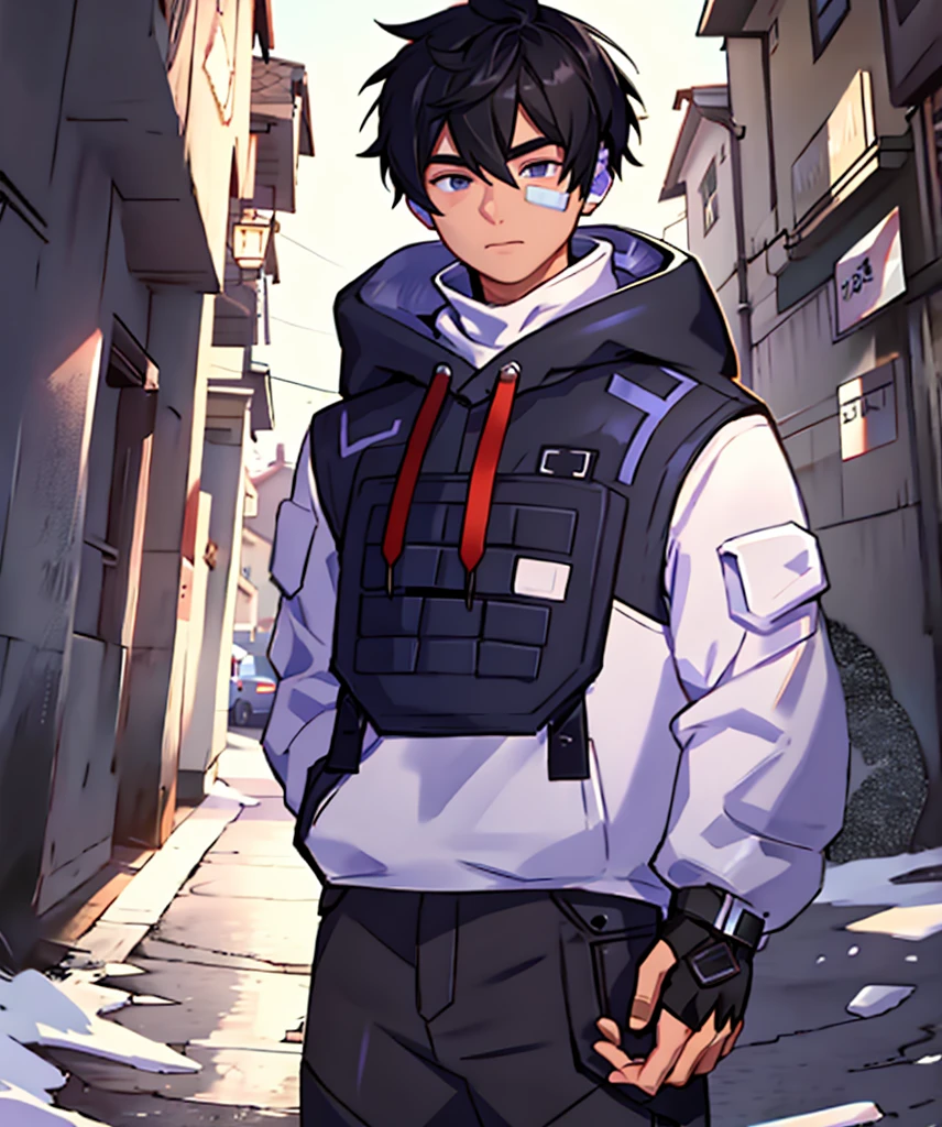 iso_valorant, standing, looking at viewer, jacket, hoodie, long pants, bandaid on face, short black hair, town, winter 