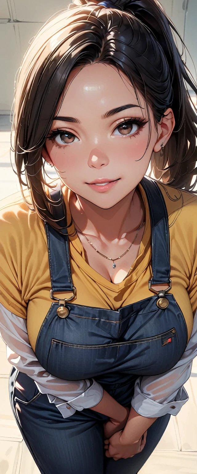 30 years old,1 mature woman,hyperrealistic, 8k, (extremely detailed 8k), (very delicate and beautiful), (masterpiece), (better quality:1.0), (ultra high resolution:1.0), (masterpiece, best quality),cute,black hair,big breasts,ponytail,POV,overalls,full body,white background,leaning forward,