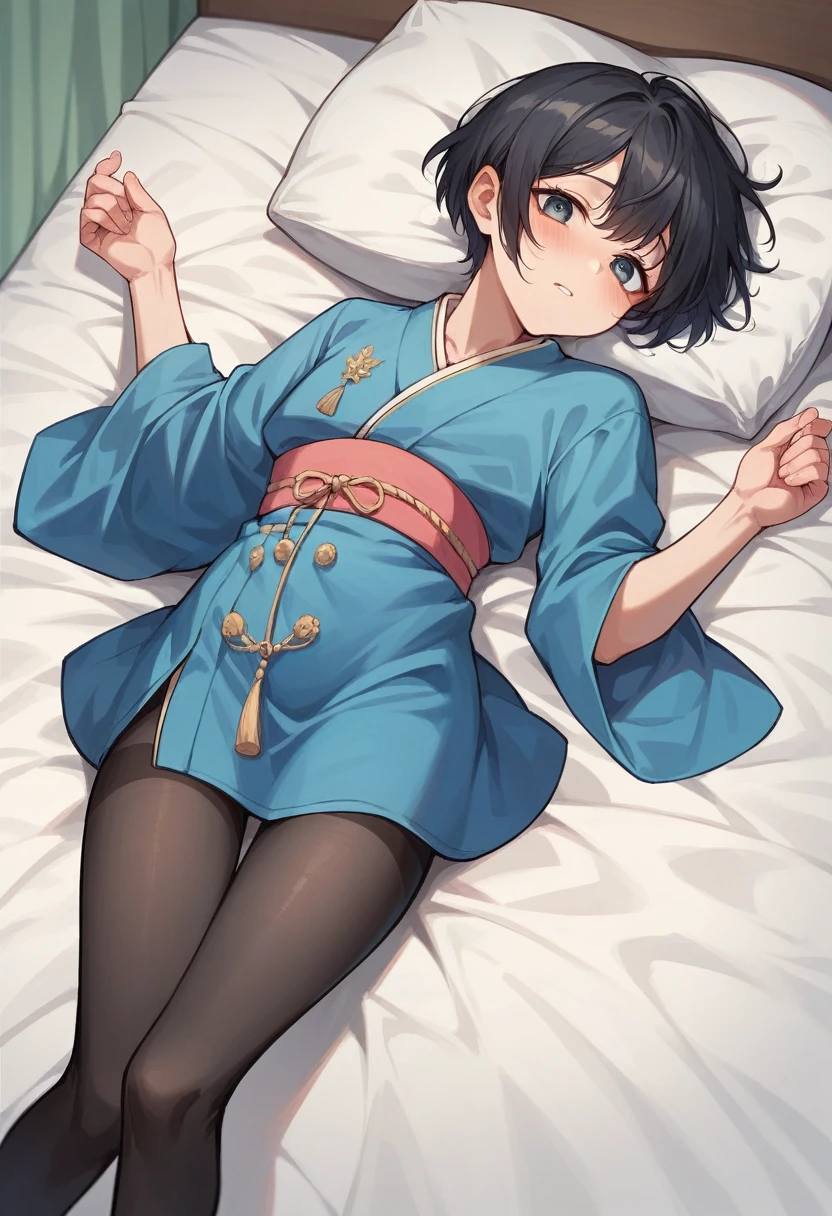 (masterpiece),(Highest quality),sexy,Navy blue kimono,Clothes falling apart,Black Hair,Short Bob,Bangs,Curl your hair outwards on both sides,crossdresser,cute,blush,Watery eye,Iris,Bed in your room,black tights
