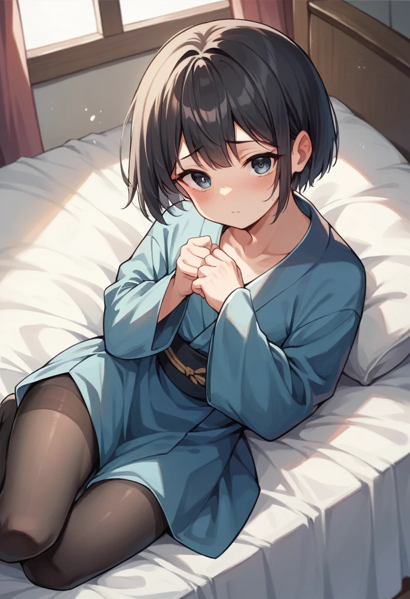 (masterpiece),(Highest quality),sexy,Navy blue kimono,Clothes falling apart,Black Hair,Short Bob,Bangs,Curl your hair outwards on both sides,crossdresser,cute,blush,Watery eye,Iris,Bed in your room,black tights
