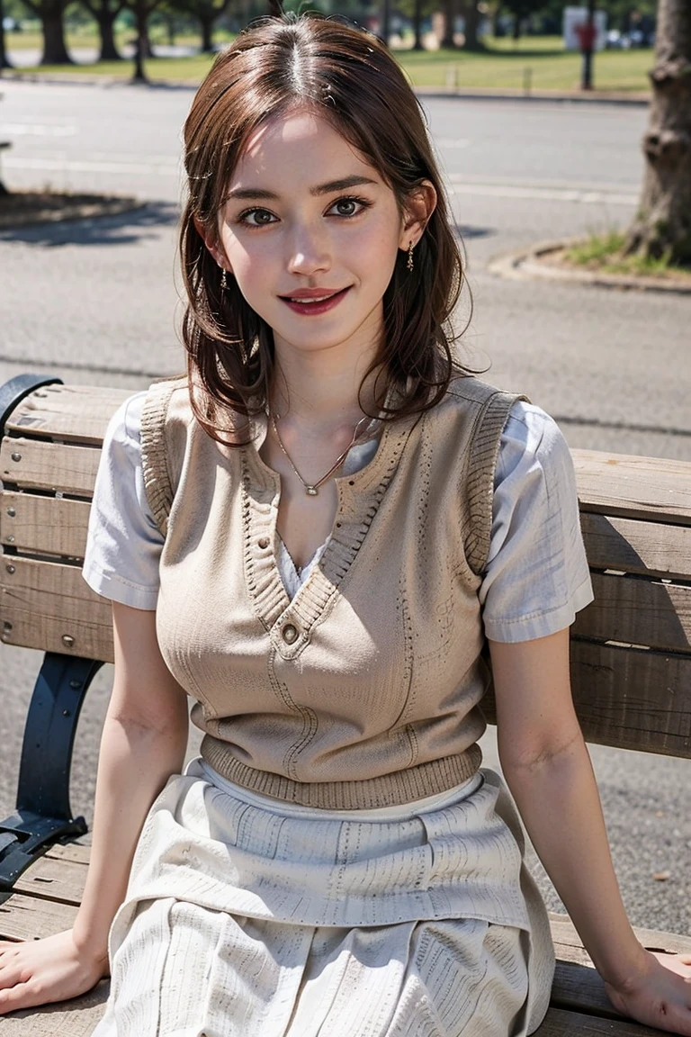 (Preserve face images), pale face:1.3、Super thin face:1.3, (very big eyes:1.5)、 (blown eyes:1.5), master piece、8K, {highest quality}, {{masterpiece}}, {very delicate and beautiful}, outstanding light and shadow, highly detailed wallpaper, clear and bright sunlight, Full body: 1 girl, , blush、(薄い茶colorの髪), strong sunlight, (((BREAK (Beige cotton knit vest over White short sleeve linen blouse:1.3),((white maxi length skirt, very long):1.3),brown leather ankle boots,
BREAK Beige and white-based warm and natural space,))), delicate hair, Acup breasts, shiny skin, Realistic human skin texture, visible wrinkles on the skin., broad shoulders,window, ((a strong light shines on your face)), color々A pose:1.5, necklace、ring、earrings、(Toothless smile:1,5), (((Sitting on a park bench)))