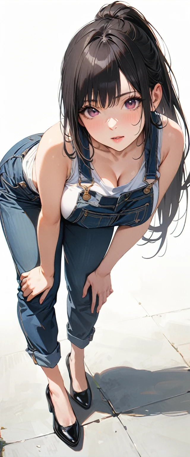 30 years old,1 mature woman,hyperrealistic, 8k, (extremely detailed 8k), (very delicate and beautiful), (masterpiece), (better quality:1.0), (ultra high resolution:1.0), (masterpiece, best quality),cute,black hair,big breasts,ponytail,POV,overalls,full body,white background,leaning forward,