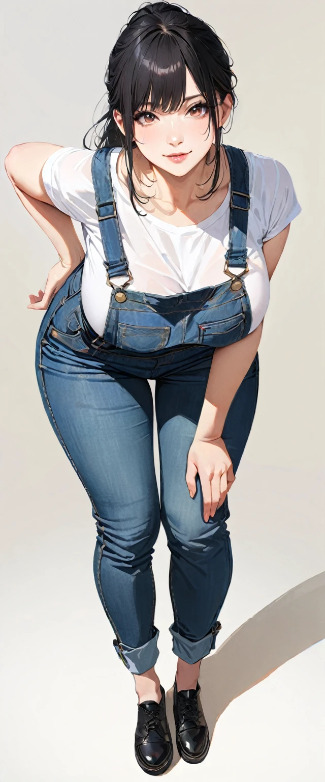30 years old,1 mature woman,hyperrealistic, 8k, (extremely detailed 8k), (very delicate and beautiful), (masterpiece), (better quality:1.0), (ultra high resolution:1.0), (masterpiece, best quality),cute,black hair,big breasts,ponytail,POV,overalls,full body,white background,leaning forward,