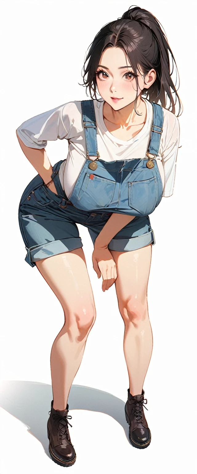 30 years old,1 mature woman,hyperrealistic, 8k, (extremely detailed 8k), (very delicate and beautiful), (masterpiece), (better quality:1.0), (ultra high resolution:1.0), (masterpiece, best quality),cute,black hair,big breasts,ponytail,POV,overalls,full body,white background,leaning forward,