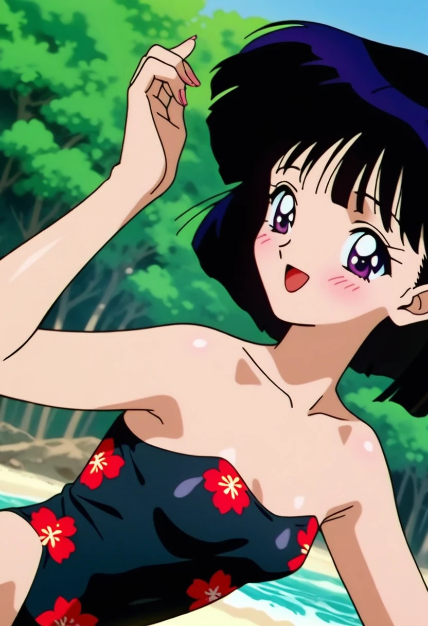 masterpiece, best quality, very aesthetic, absurdres, Sailor Saturn XL, 1990s \(style\), perfect face, perfect composition, moist skin, intricate details, beautiful eyes, vibrant colors, BREAK 1girl, solo, , short hair, black hair, purple eyes, small breasts, flower pattern swimsuit, highleg, shiny clothing, BREAK smile, blush, open mouth, sexy pose, outdoors, beach, wind,