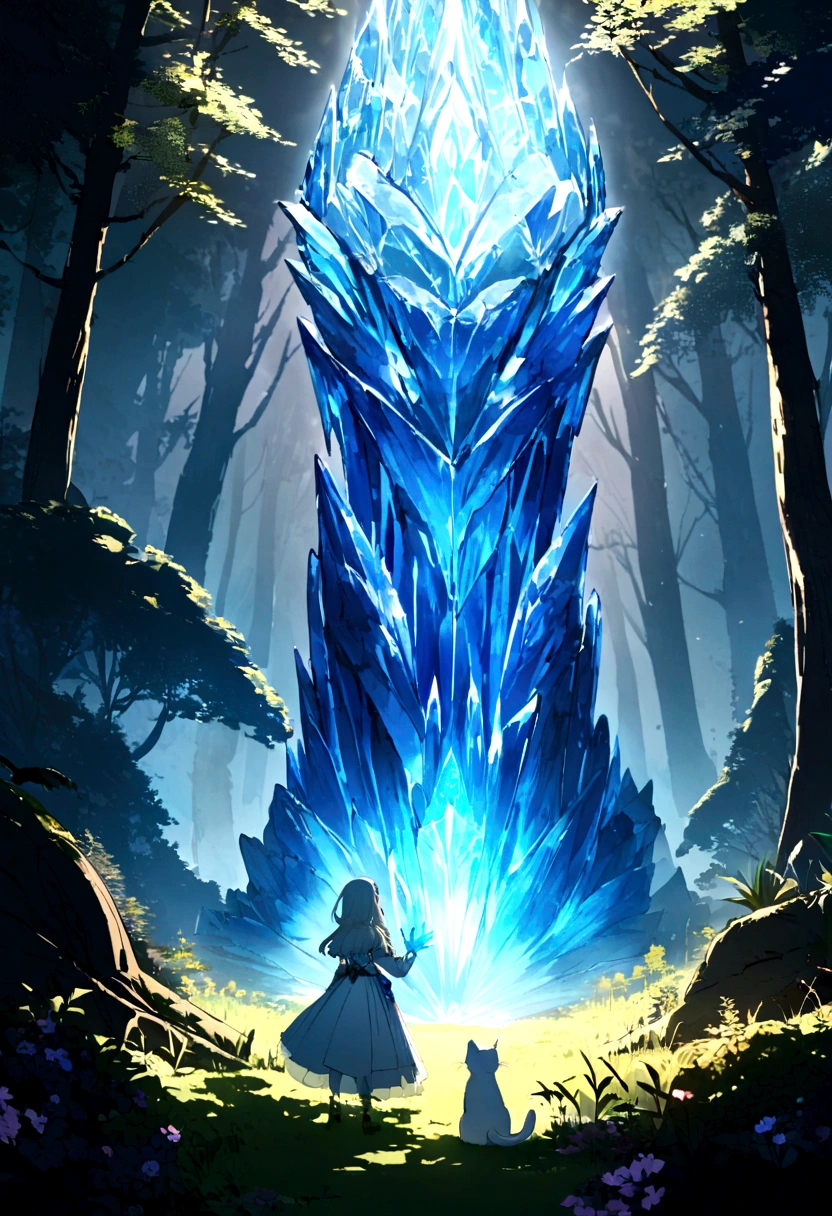 Image of Luna discovering a large, glowing blue crystal deep in the forest. A white cat named Mira appears from the crystal, with an ethereal, mystical aura.