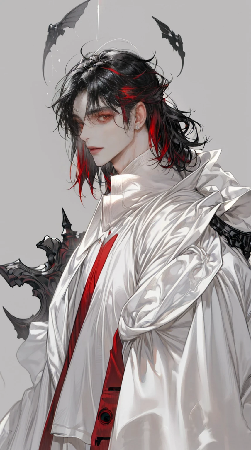 focus face, delicated eyes, masterpiece, best quality, realistic, 1man, male focus, male model, pretty and handsome, closed mouth, white robe, portrait, extremely detailed face, long black hair, hair claw up, flying bangs, dark red eyes, grey background, simple background, SIDE VIEW, looking at the viewers.