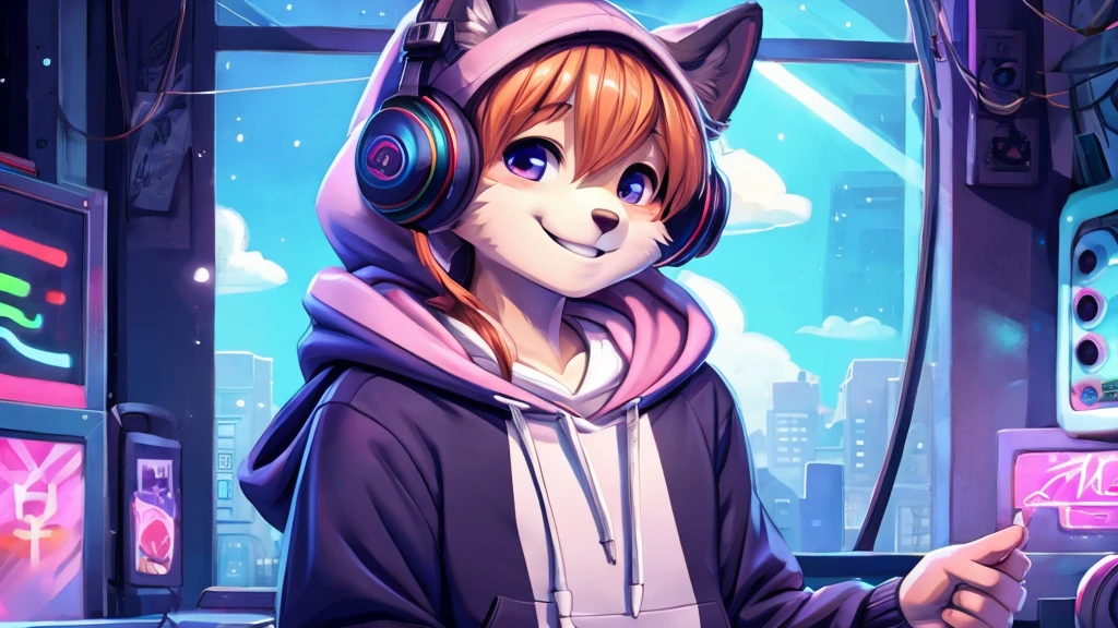 Listening to music illustration、headphone、hoodie、smile、Pop atmosphere