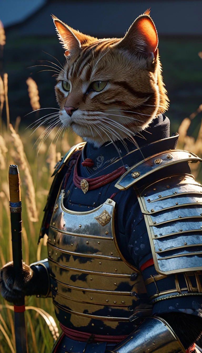 masterpiece, (Super detailed), (Animal anthropomorphism), Cat, good looking, Japanese Armor,knife、 Dim lighting, cigarette, Shadow, Night grassland battlefield, Highest quality, Single Focus, (skimming: 1.1), Muscular man, whole body, Complex (High detail: 1.1) Unreal Engine.multiple、