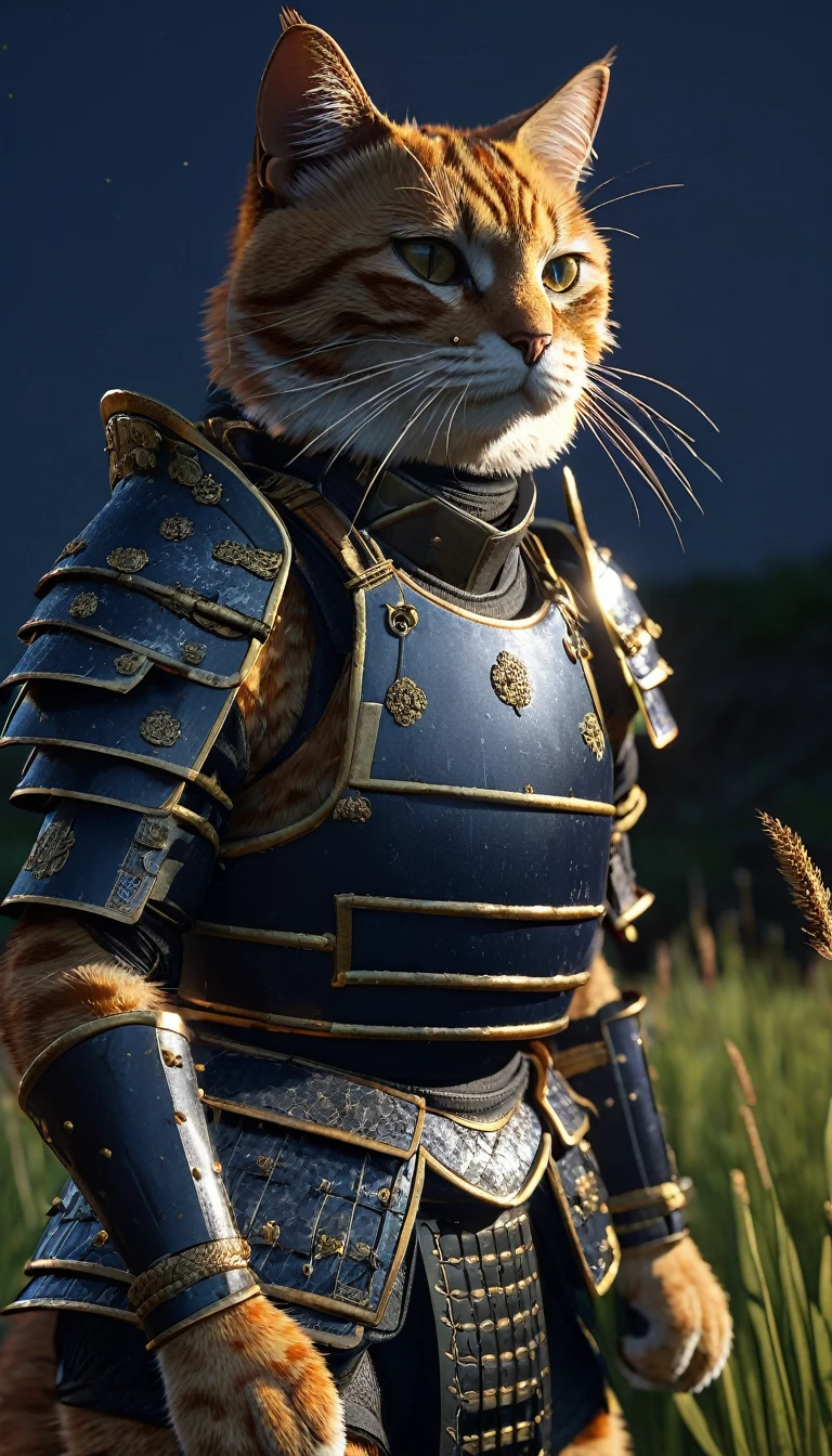 masterpiece, (Super detailed), (Animal anthropomorphism), Cat, good looking, Japanese Armor,knife、 Dim lighting, cigarette, Shadow, Night grassland battlefield, Highest quality, Single Focus, (skimming: 1.1), Muscular man, whole body, Complex (High detail: 1.1) Unreal Engine.multiple、