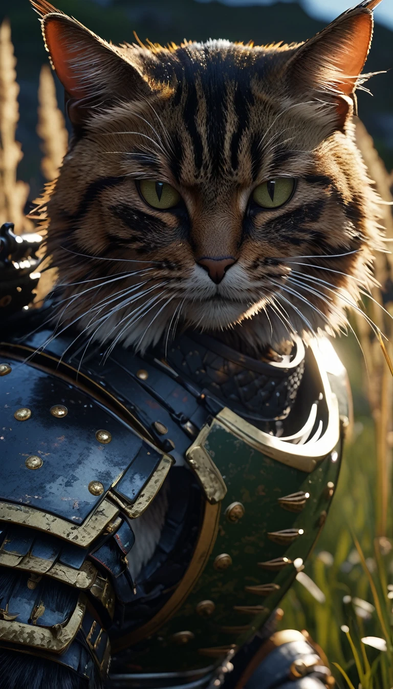 masterpiece, (Super detailed), (Animal anthropomorphism), Cat, good looking, Japanese Armor,knife、 Dim lighting, cigarette, Shadow, Night grassland battlefield, Highest quality, Single Focus, (skimming: 1.1), Muscular man, whole body, Complex (High detail: 1.1) Unreal Engine.multiple、